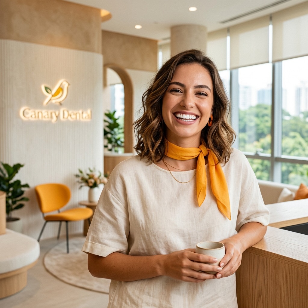 Happy patient smiling confidently in a bright modern dental clinic